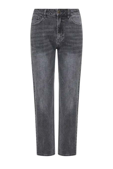 Blugi gri cu talie înaltă, croială mom fit