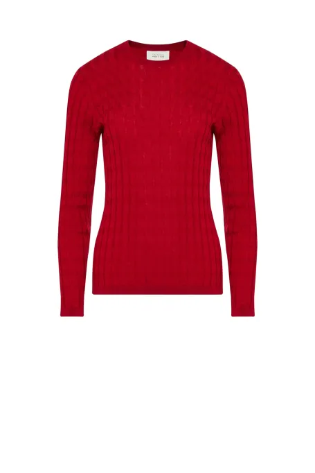 Bluză roșie din lână merinos tricotată cu împletituri