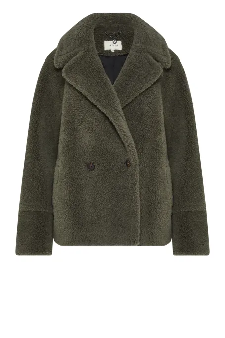 Jachetă de lână cu imprimeu de ursuleț de pluș, verde închis, cu două rânduri de nasturi