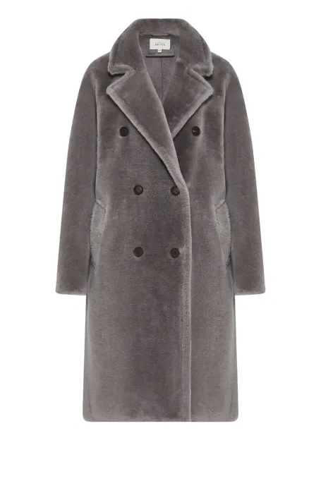 Palton midi gri din lână tip teddy