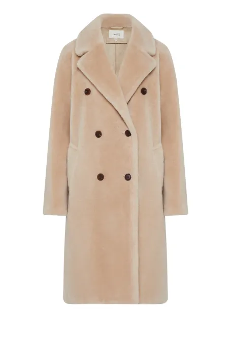 Palton midi bej din lână cu imprimeu de ursuleț de pluș