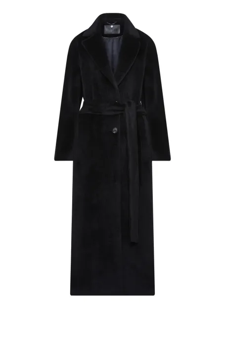 Palton midi negru cu curea din alpaca suri