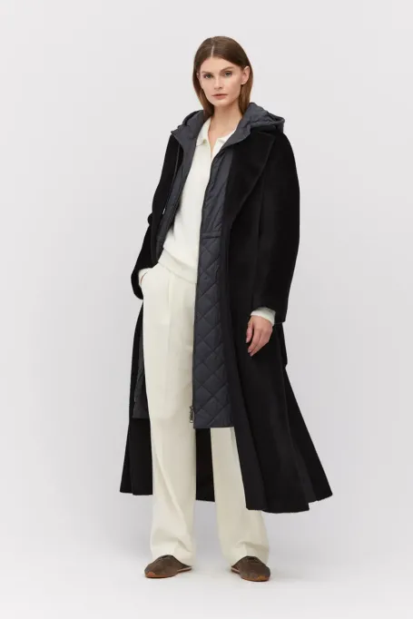 Palton midi negru cu curea din alpaca suri Palton midi negru cu curea din alpaca suri