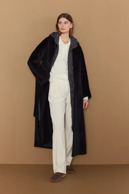 Palton midi negru cu curea din alpaca suri