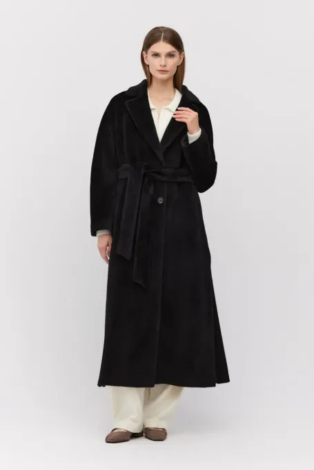 Palton midi negru cu curea din alpaca suri Palton midi negru cu curea din alpaca suri
