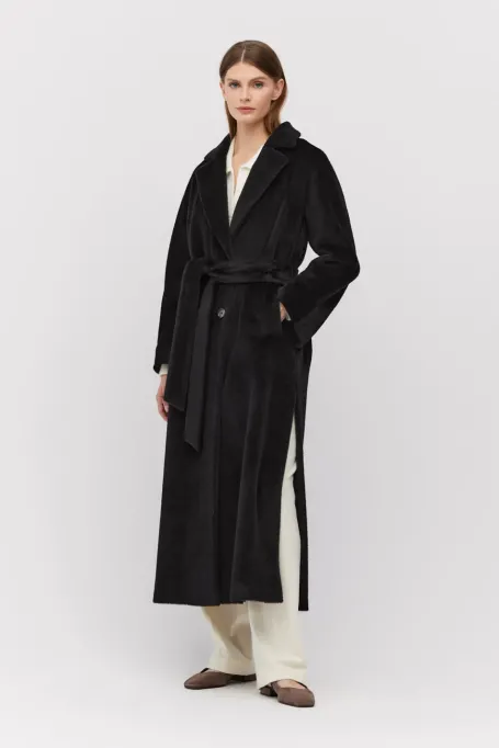 Palton midi negru cu curea din alpaca suri