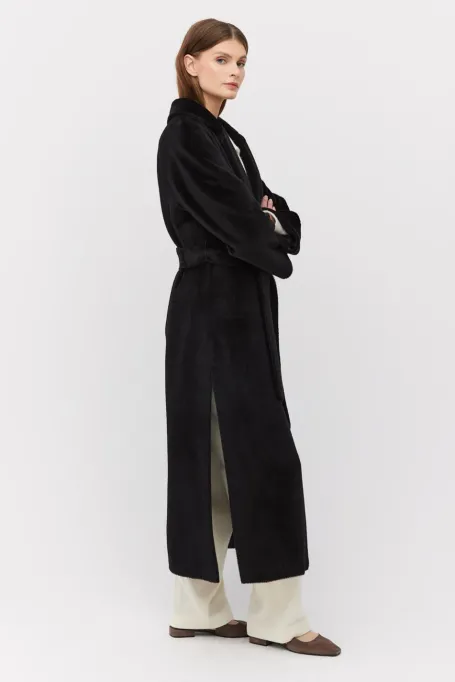 Palton midi negru cu curea din alpaca suri Palton midi negru cu curea din alpaca suri
