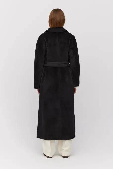 Palton midi negru cu curea din alpaca suri Palton midi negru cu curea din alpaca suri