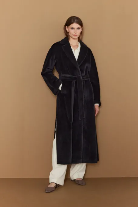 Palton midi negru cu curea din alpaca suri