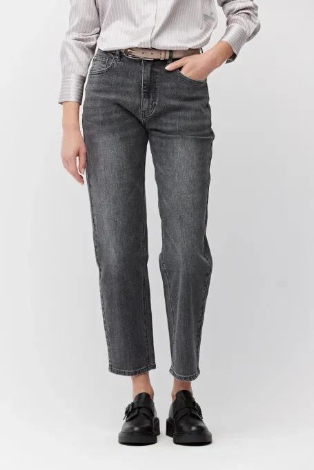 Blugi gri cu talie înaltă, croială mom fit