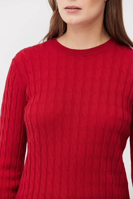Bluză roșie din lână merinos tricotată cu împletituri