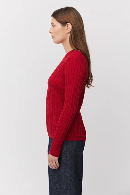 Bluză roșie din lână merinos tricotată cu împletituri