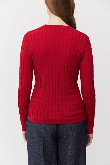 Bluză roșie din lână merinos tricotată cu împletituri