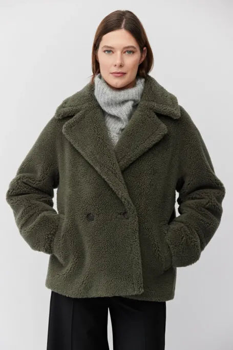 Jachetă de lână cu imprimeu de ursuleț de pluș, verde închis, cu două rânduri de nasturi