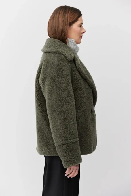 Jachetă de lână cu imprimeu de ursuleț de pluș, verde închis, cu două rânduri de nasturi