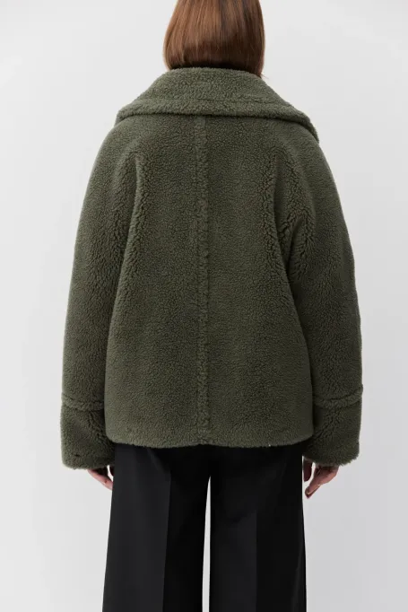 Jachetă de lână cu imprimeu de ursuleț de pluș, verde închis, cu două rânduri de nasturi