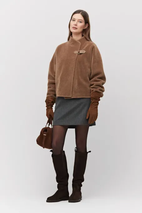 Jachetă scurtă maro din lână cu ursuleț de pluș