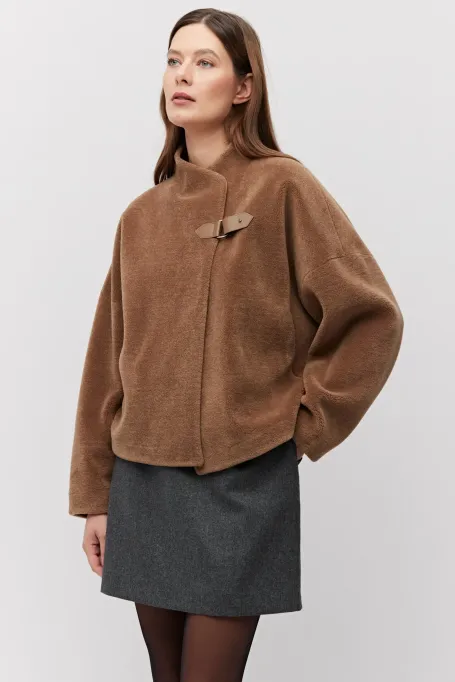 Jachetă scurtă maro din lână cu ursuleț de pluș