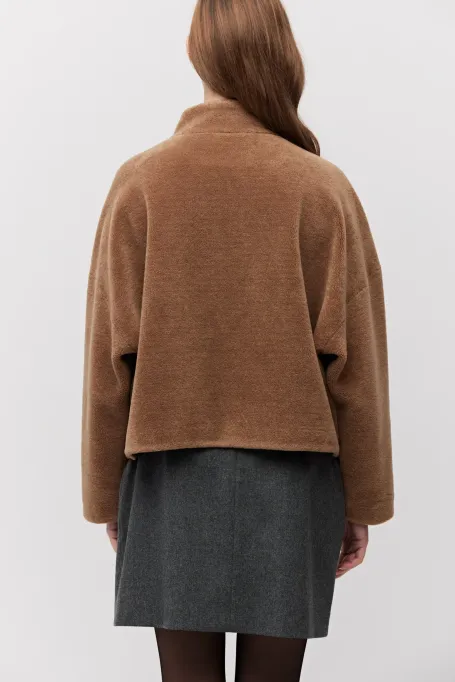 Jachetă scurtă maro din lână cu ursuleț de pluș