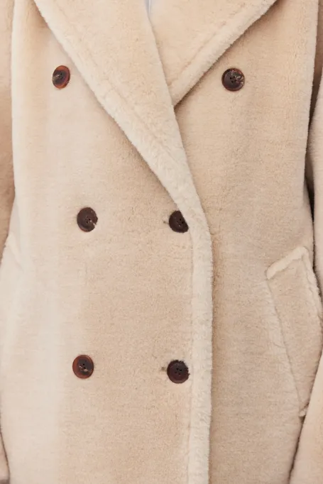 Palton midi bej din lână cu imprimeu de ursuleț de pluș