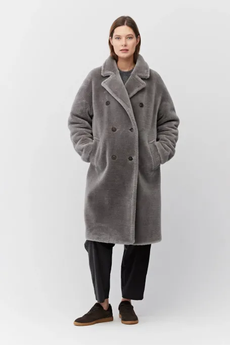 Palton midi gri din lână tip teddy