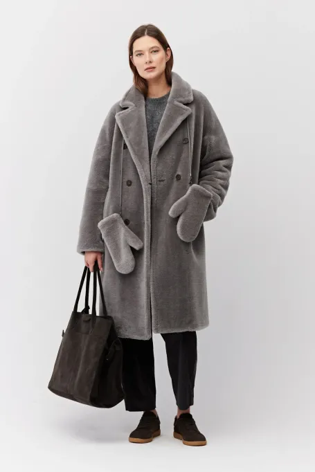 Palton midi gri din lână tip teddy
