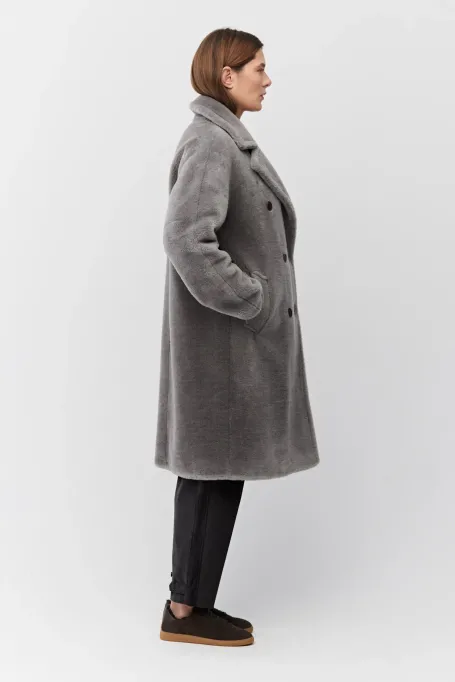 Palton midi gri din lână tip teddy