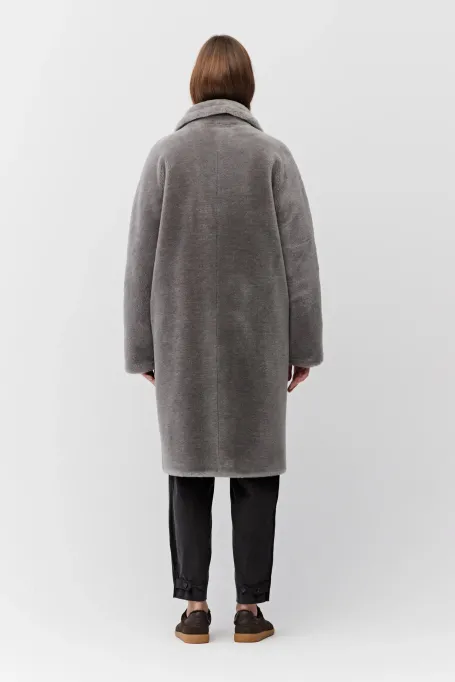 Palton midi gri din lână tip teddy