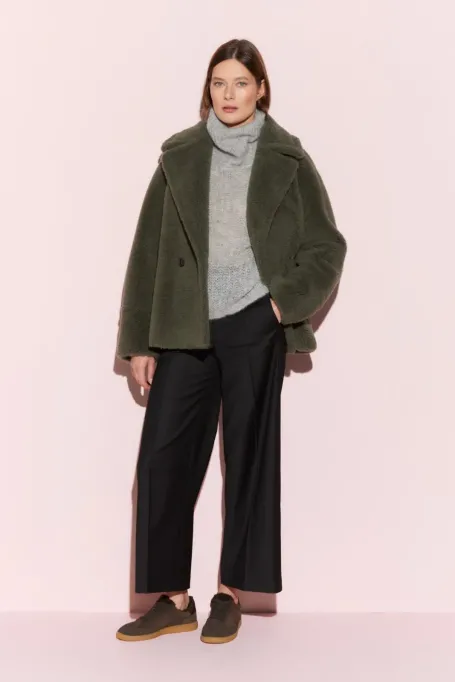 Jachetă de lână cu imprimeu de ursuleț de pluș, verde închis, cu două rânduri de nasturi