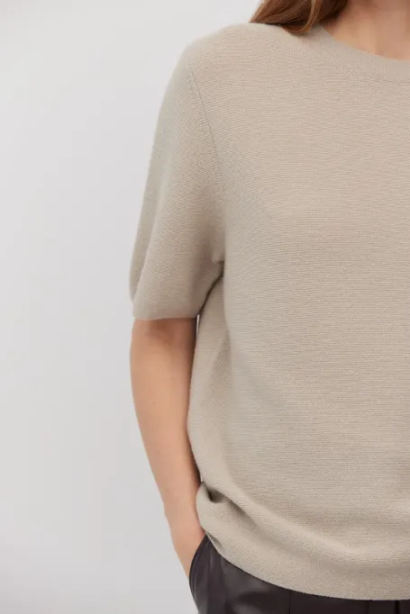 Bluză bej cu mânecă scurtă din lână merinos