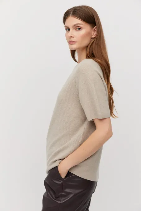Bluză bej cu mânecă scurtă din lână merinos