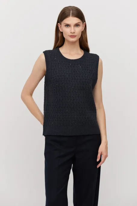 Pulover albastru închis vestă cu lână merinos
