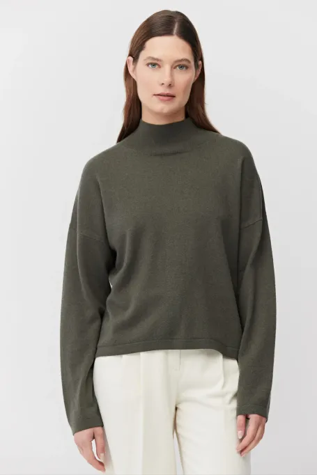 Pulover verde cu guler înalt din lână merinos și cașmir