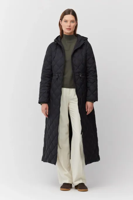 Geacă lungă de puf neagră cu glugă