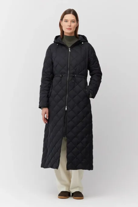 Geacă lungă de puf neagră cu glugă