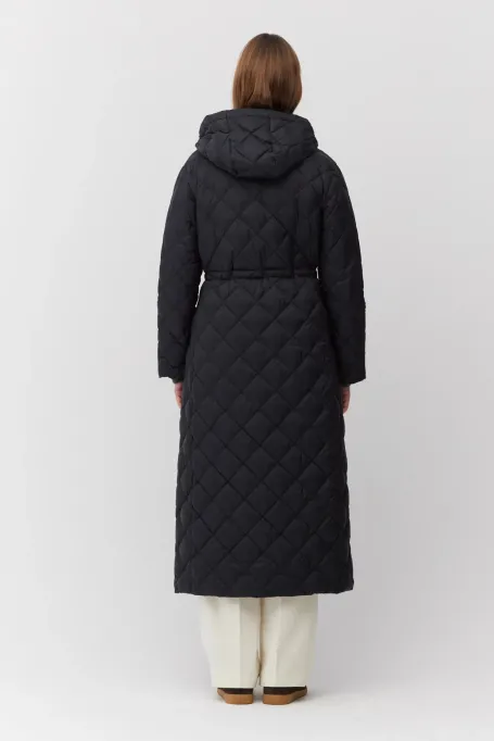 Geacă lungă de puf neagră cu glugă