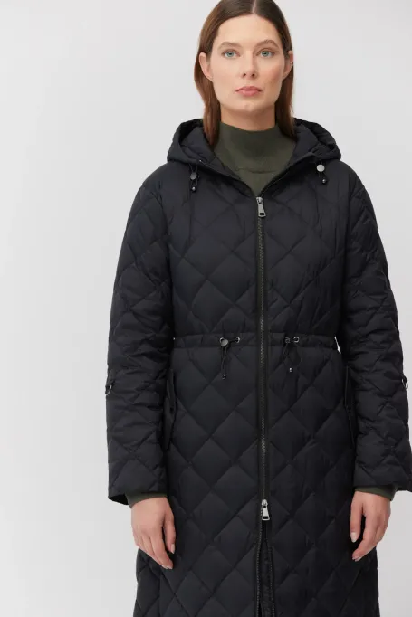 Geacă lungă de puf neagră cu glugă