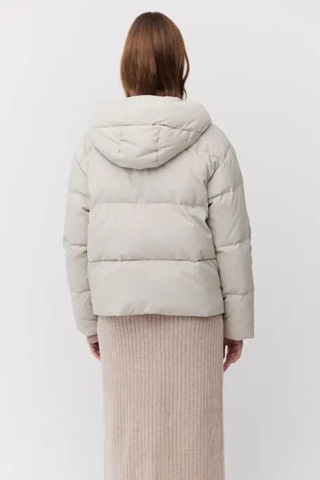 Jachetă bej reversibilă din puf cu glugă
