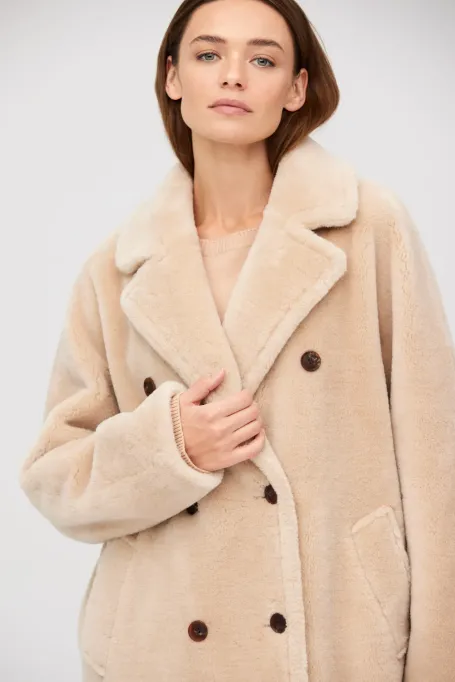 Palton midi bej din lână cu imprimeu de ursuleț de pluș