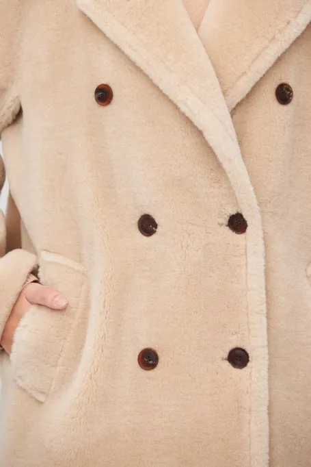 Palton midi bej din lână cu imprimeu de ursuleț de pluș