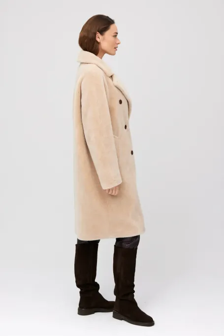 Palton midi bej din lână cu imprimeu de ursuleț de pluș