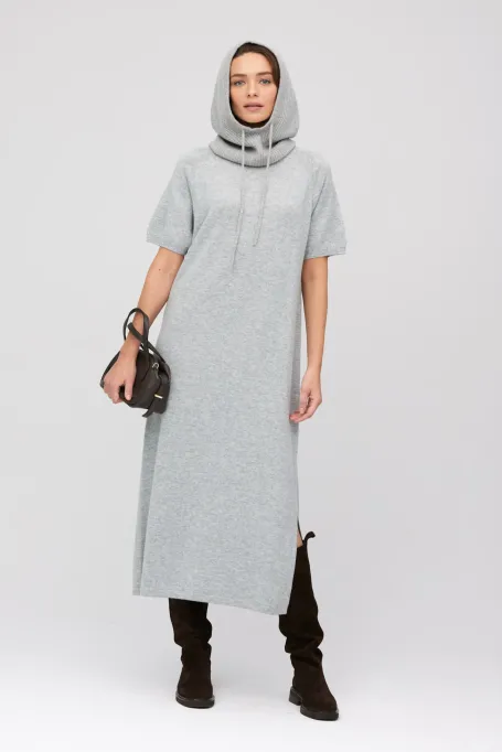 Rochie midi gri din lână merinos și cașmir