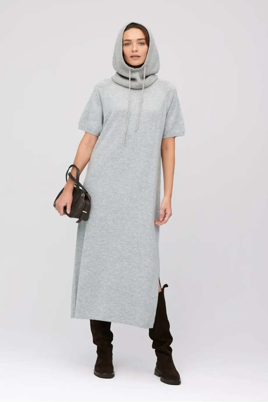 Rochie midi gri din lână merinos și cașmir Rochie midi gri din lână merinos și cașmir