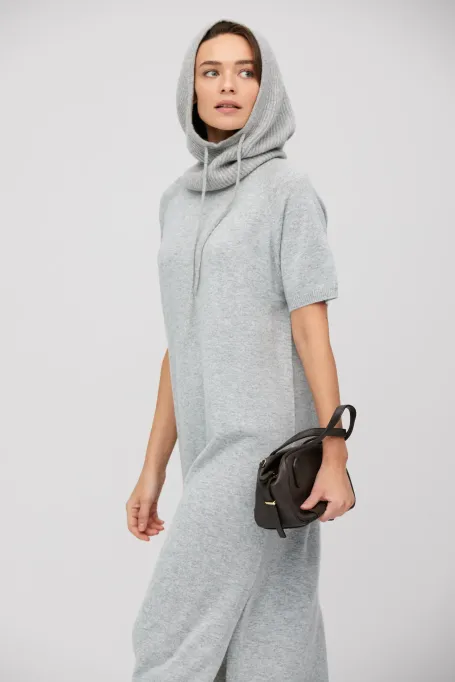 Rochie midi gri din lână merinos și cașmir