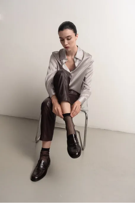 Pantaloni violet închis din piele, cu buzunare - Patrizia Aryton