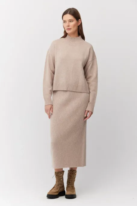 Fustă tricotată bej din lână merinos