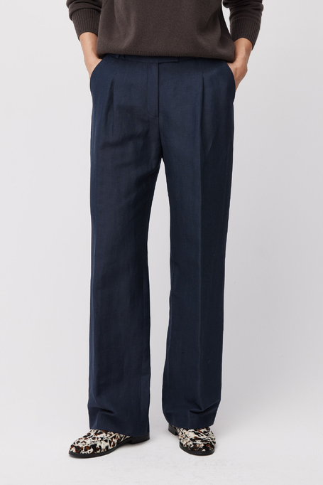 Pantaloni bleumarin de costum din lână și in