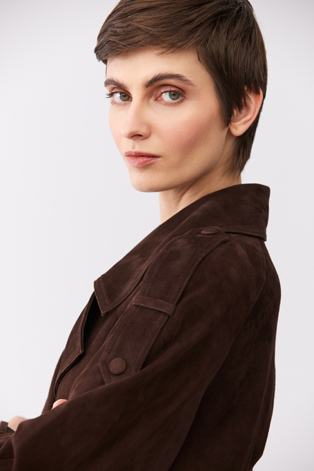 Geacă maro din piele cu curea