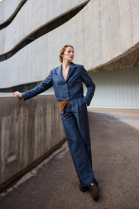 Pantaloni bleumarin de costum din lână și in - Patrizia Aryton