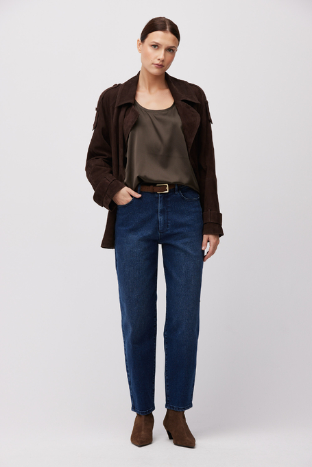 Blugi barrel bleumarin cu talie înaltă